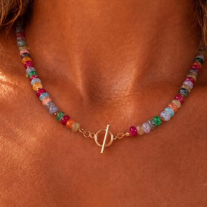 Colorful Beaded Gemstone Necklace, Rainbow Glass Bead Toggle Clasp Choker, Boho Summer Jewelry