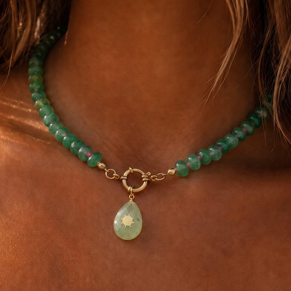 Natural Gemstone Charm Necklace, Beaded Carabiner Choker, Gold Toggle Clasp, Minimalist Crystal Celestial Pendant