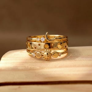 Hemelse Gouden Stapelbare Ringenset, Maan-, Ster- en Zonringen, Fijne Stapelringen, Waterdichte Sieraden