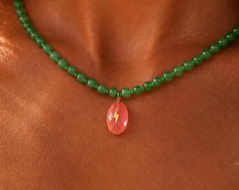 Beaded Gemstone Necklace, Pink Pendant Necklace, Green Agate Natural Stone Choker, Layering Jewelry