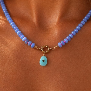 Gemstone Beaded Charm Necklace, Carabiner with Multi Charm, Celestial Pendant, Colorful Boho Choker