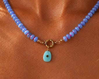 Gemstone Beaded Charm Necklace, Carabiner with Multi Charm, Celestial Pendant, Colorful Boho Choker