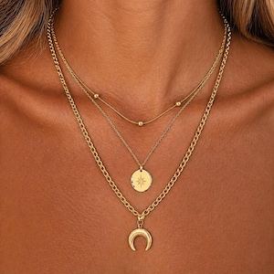 Celestial Layered Gold Necklace Set /3 pieces Moon Star Chain / Chunky Waterproof Layering Necklace