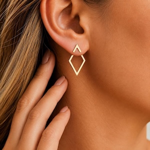 Gold Ear Jacket Earrings, Front Back Geometric Rhombus Studs, Minimalist Hollow Diamond Shape Gift