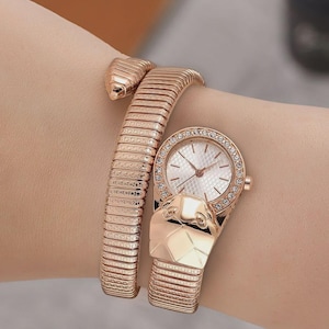 Pulsera de lujo hecha a mano con diseño de serpiente vintage, reloj de pulsera de oro rosa, elegante pulsera ovalada, regalo para ella, reloj de mujer, regalo para niña.