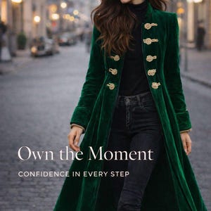 Emerald Velvet Long Coat, Women's Slim Fit Tailored Winter Jacket