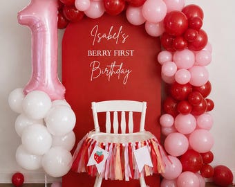 Ballonnenslingerpakket voor de eerste verjaardag, rode, roze en witte ballonnenboog, folieballonnen met de cijfers 0-9, decoratie voor het eerste verjaardagsfeestje