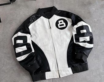 Black & White Number 8 Racing Leather Bomber Jacket – Vintage Streetwear Varsity Style