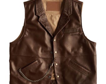 Brown Leather Vest – Vintage Style Waistcoat with Chain, Biker Style, Men's Apparel