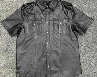Men's Black Leather Short Sleeve Biker Shirt – Streetwear Button-Up Style