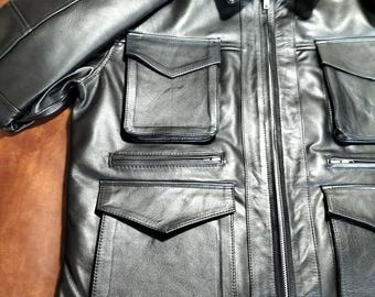 Men's Genuine Leather Biker Jacket | Black, Multi-Pocket, Slim Fit