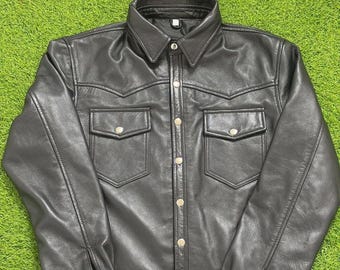 Black Leather Shirt Jacket – Men’s Classic Fit Button-Up Style