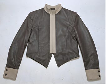 Two-Tone Cropped Biker Jacket | Brown Beige Slim Fit Leather-Look Fashion