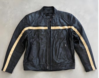 Vintage Black Leather Motorcycle Jacket | Cream Racing Stripes Biker Cafe Racer