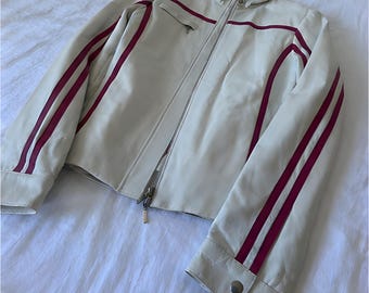 Women’s White Leather Racing Jacket with Pink Stripe Detail | Cropped Moto Biker Jacket