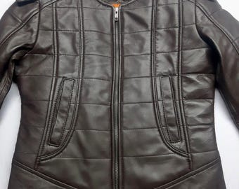 Men’s Quilted Brown Leather Jacket – Slim Fit Casual Biker Style Jacket for Winter & Streetwear