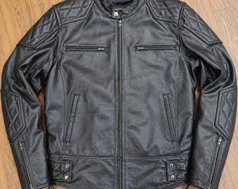 Men's Black Leather Biker Jacket – Quilted Shoulder Slim Fit Motorcycle Coat