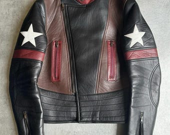 Two-Tone Leather Biker Jacket with Star Patches – Racing Motorcycle Style