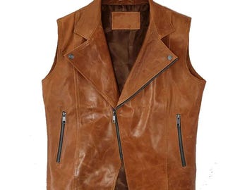 Brown Leather Biker Vest | Men's Sleeveless Jacket Size Chart