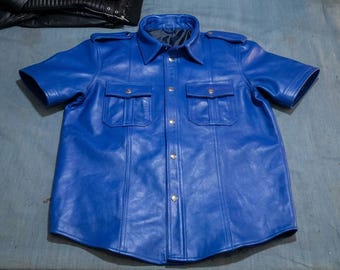 Blue Leather Short Sleeve Shirt – Streetwear Style with Epaulets