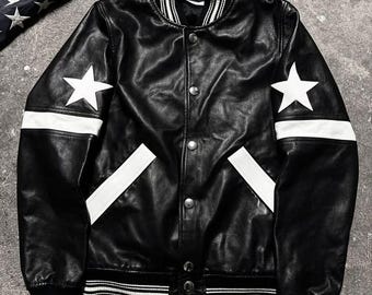 Black Leather Varsity Jacket with White Star Patches – Streetwear Bomber Style