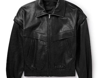 Men's Black Leather Bomber Jacket – Classic Zip-Up Streetwear Outerwear Coat
