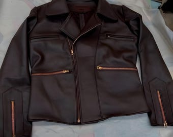 Dark Brown Cropped Leather Biker Jacket – Asymmetrical Zip, Fashion Streetwear