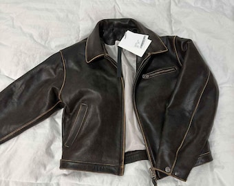 Men's Vintage Brown Leather Biker Jacket – Distressed Genuine Outerwear