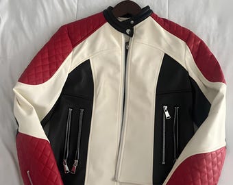 Color Block Cropped Moto Jacket – Quilted Red, Cream, Black Biker Streetwear Coat