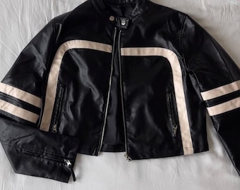 Black Faux Leather Cropped Jacket | Contrast Stripes Biker Style Zip-Up
