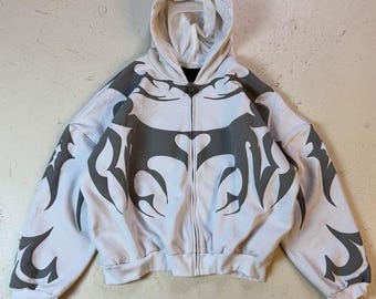 Sudadera con capucha y cremallera con estampado tribal blanco / Chaqueta oversize estilo streetwear Y2K