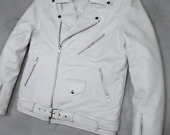 Men’s White Leather Biker Jacket – Classic Moto Style Zipper Jacket with Belted Waist