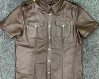 Men's Brown Genuine Leather Short Sleeve Shirt, Vintage Style Streetwear Top