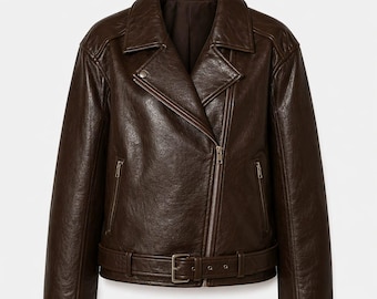 Men's Brown Leather Biker Jacket – Vintage Style Motorcycle Coat, Belted Waist