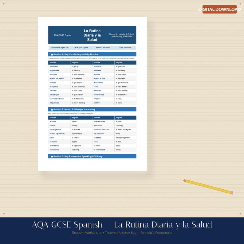 AQA GCSE Spanish Daily Routine Health Worksheet (digital Download ...