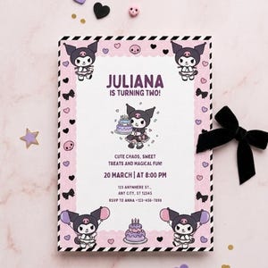 Kawaii Goth-verjaardagsuitnodiging, donkere anime-feestuitnodiging, bewerkbare canvassjabloon (digitale download)