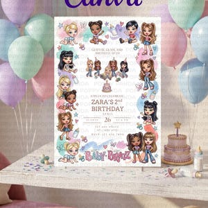 May include: A colorful invitation for a baby's second birthday, featuring cartoon illustrations of baby dolls, butterflies, and baby bottles. The invitation includes the text "Baby Bratz" and "Zara's 2nd Birthday".