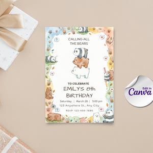 We Bare Bears Birthday Invitation, Watercolor Bears Boba Party Invite (Digital Download)