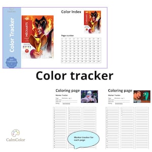 Op de afbeelding: Een kleurtracker-blad met een kleurindex met een Jafar-illustratie, een genummerd raster van 1 tot 100, en twee kleurpagina-secties met markertracker-lijsten voor pagina's, datums en beoordelingen, inclusief kleine karakterillustraties.