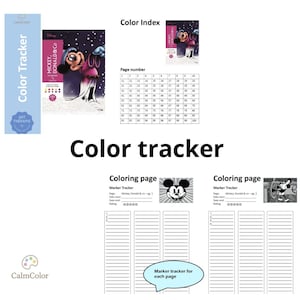 Op de afbeelding: Een kleurtracker met de tekst "Color Tracker" en "CalmColor". De afbeelding bevat een kleurenindex, kleurplaten en een markeertracker. Het kleurboek bevat Mickey en Donald personages.
