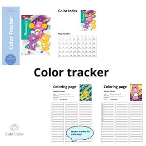 May include: A colour tracker printable sheet featuring Care Bears imagery, a page number grid from 1 to 50, and two sections for colouring page marker tracking with fields for page, date start, date end, and rating, all labelled with the text Color tracker.