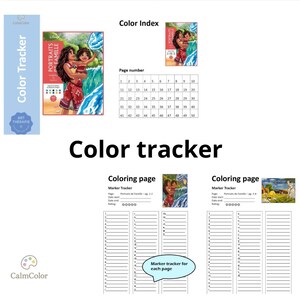 Peut inclure: Un suivi des couleurs avec le texte "Color Tracker" et "Color Index". L'image comprend un tableau des numéros de page et des pages à colorier avec un suivi des marqueurs pour chaque page. L'œuvre présente des illustrations de personnes.
