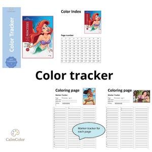 Puede incluir: Un rastreador de color con el texto "Color Tracker" y "CalmColor". El rastreador incluye un índice de color, números de página y páginas para colorear con princesas de Disney. La imagen también incluye el texto "ART THERAPIE".