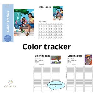 Könnte beinhalten: Ein Farb-Tracker mit dem Disney-Thema "Famille". Der Tracker enthält einen Farbindex, Seitenzahlen und Malvorlagen mit Markierungs-Trackern. Das Cover zeigt Lilo und Stitch. Der Text "Color tracker" ist prominent dargestellt.