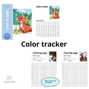 以下が含まれることがあります： 1から100までの番号付きグリッドとキツネのイラストが描かれたColor Indexを含むColor Trackerドキュメント。ページ番号、日付、星評価用のMarker Trackerフィールドを備えた2つのColoring pageセクションと、マーカー用のリストが含まれています。