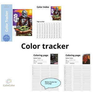 May include: A Star Wars themed colour tracker printable featuring a page number grid from 1 to 100, and two colouring page marker trackers with fields for page, date start, date end, and rating, illustrated with The Mandalorian, Grogu, Darth Vader, and Darth Maul.