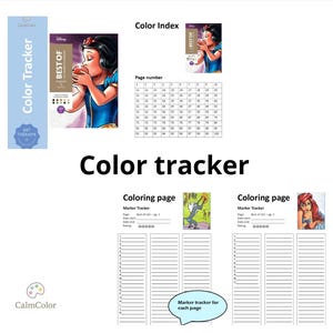 May include: A colour tracker with the text "Color Tracker" in large black letters. The tracker includes a colour index, page numbers, and colouring pages with marker trackers. The image features illustrations of Disney characters.