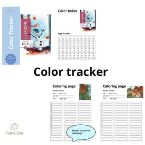Könnte beinhalten: Ein Farb-Tracker-Dokument mit einer Disney Olaf-Illustration, einem nummerierten Raster von 1 bis 100 und zwei Marker-Trackern für Ausmalbilder mit leeren Zeilen für Seitenzahlen, Startdaten, Enddaten und Sternebewertungen zur Fortschrittskontrolle.