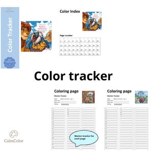 Könnte beinhalten: Ein Farb-Tracker mit dem Text "Color Tracker" und "Color Index". Das Bild enthält eine Seitenzahlentabelle, Malvorlagen und eine Notiz "Marker tracker for each page". Das CalmColor-Logo befindet sich unten links.