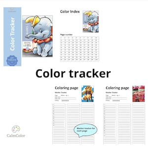 Puede incluir: Un rastreador de color con una cubierta azul y blanca con un elefante de dibujos animados. El rastreador incluye un índice de color, números de página y secciones para páginas para colorear y seguimiento de marcadores. El texto "Color tracker" se muestra de forma destacada.
